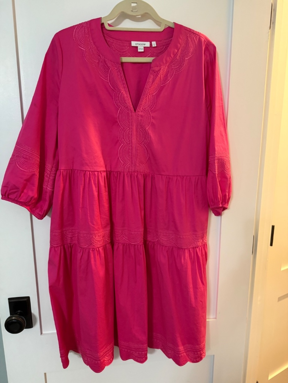 Chico's Size 1 Bright Pink Embroidered Popover Tiered Dress (US 10)